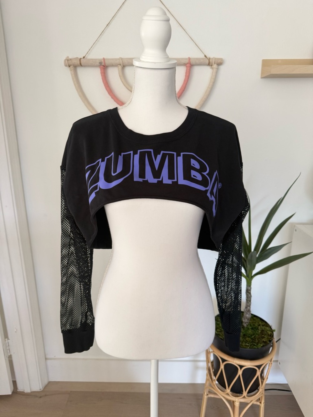 Zumba Fitness Black Cropped Mesh-Sleeve Top with Purple Logo